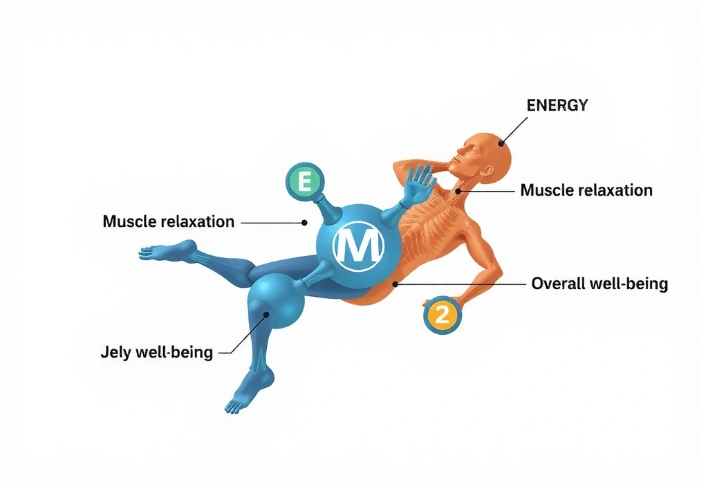 Ilustración de moléculas de magnesio y su impacto positivo en el cuerpo humano, energía y bienestar general.